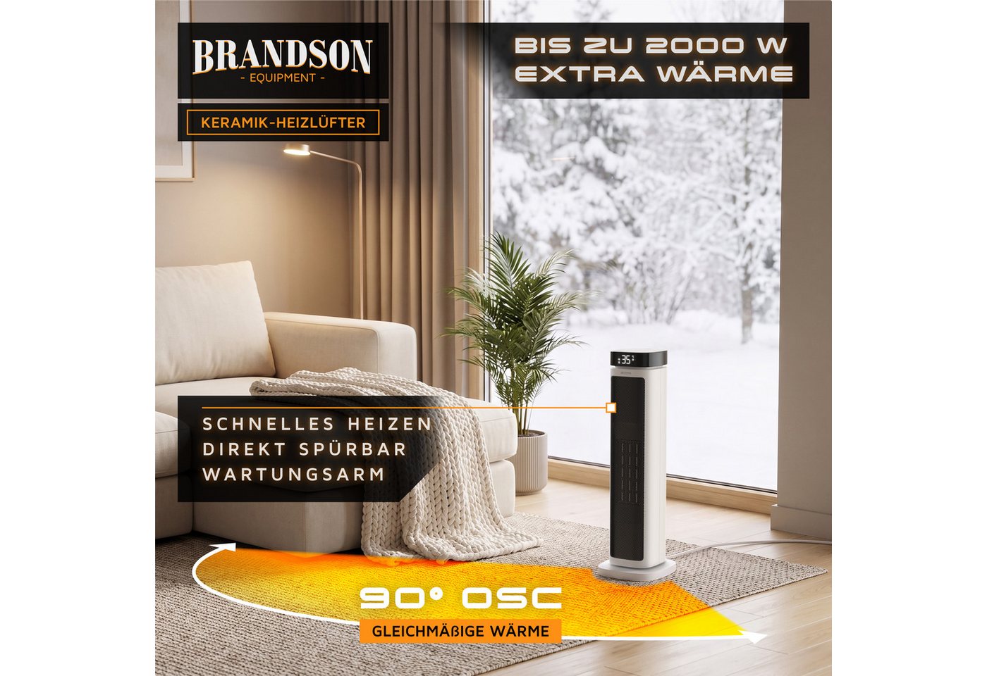 Brandson Heizlüfter Keramik, energiesparend, 12h-Timer, Fernbedienung, LED-Display, 2000 W, Badezimmer, Thermostat, ECO-Modus, Oszillation, Kippschutz – Bild 3 von 5