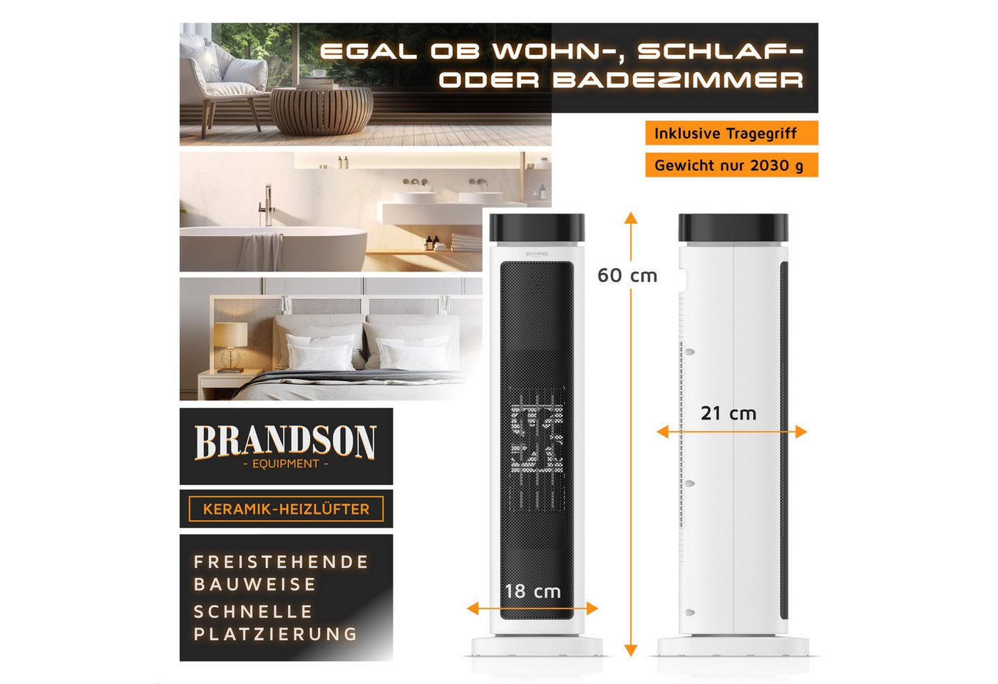 Brandson Heizlüfter Keramik, energiesparend, 12h-Timer, Fernbedienung, LED-Display, 2000 W, Badezimmer, Thermostat, ECO-Modus, Oszillation, Kippschutz – Bild 4 von 5