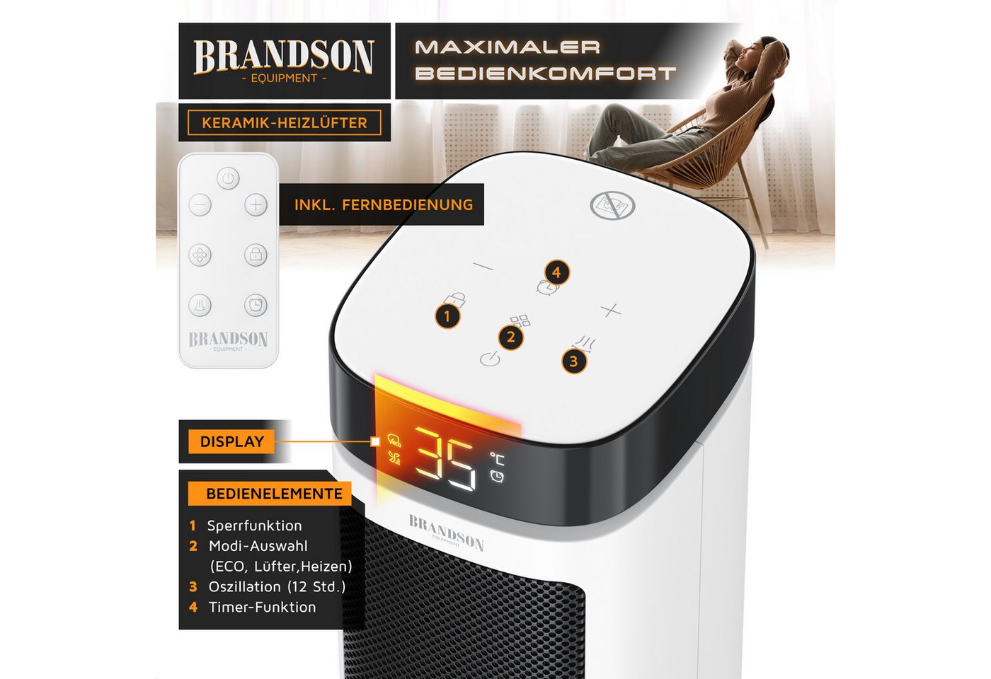 Brandson Heizlüfter Keramik, energiesparend, 12h-Timer, Fernbedienung, LED-Display, 2000 W, Badezimmer, Thermostat, ECO-Modus, Oszillation, Kippschutz – Bild 5 von 5