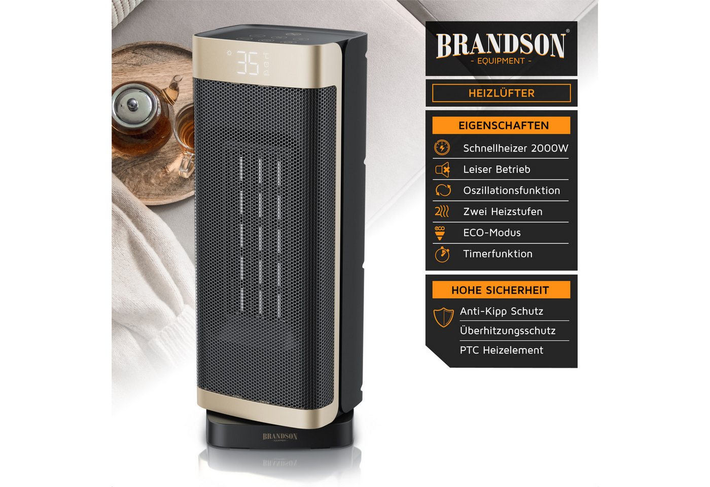 Brandson Heizlüfter Keramik, 2000 W, Heizgerät, Timer, Oszillation 70 Grad, Fernbedienung, 2000 W, energiesparend, ECO-Modus, Lüftermodus, 10-35°C, Preisträger  – Bild 2 von 5