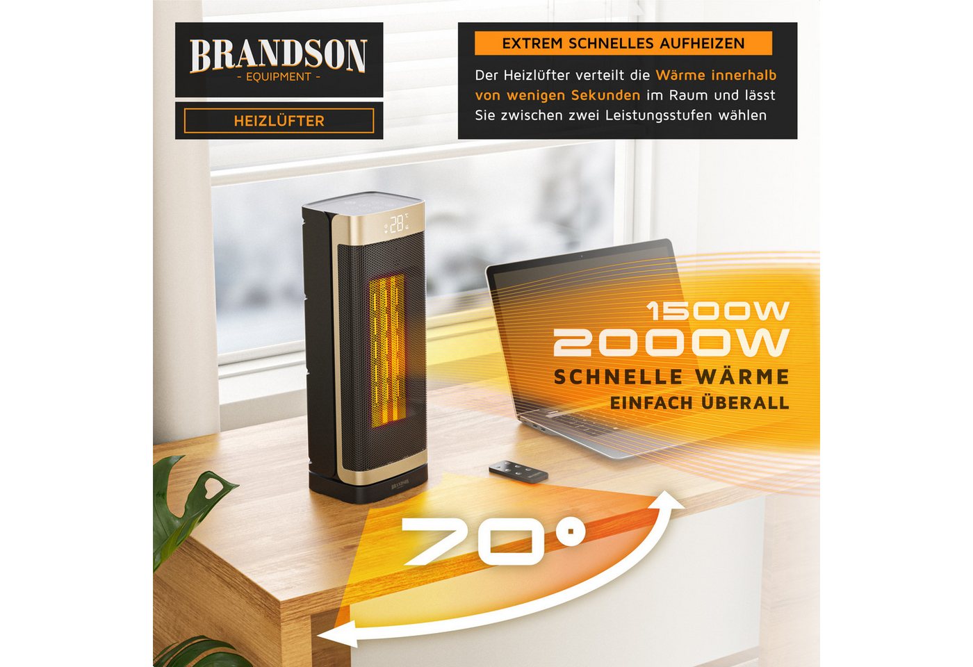 Brandson Heizlüfter Keramik, 2000 W, Heizgerät, Timer, Oszillation 70 Grad, Fernbedienung, 2000 W, energiesparend, ECO-Modus, Lüftermodus, 10-35°C, Preisträger  – Bild 3 von 5