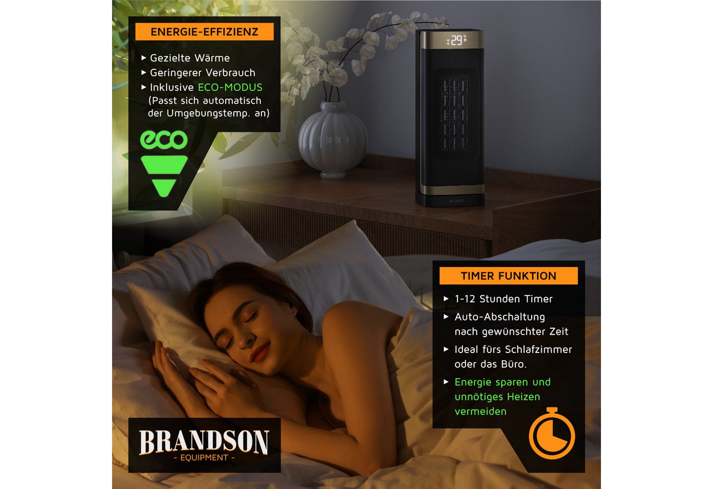 Brandson Heizlüfter Keramik, 2000 W, Heizgerät, Timer, Oszillation 70 Grad, Fernbedienung, 2000 W, energiesparend, ECO-Modus, Lüftermodus, 10-35°C, Preisträger  – Bild 5 von 5