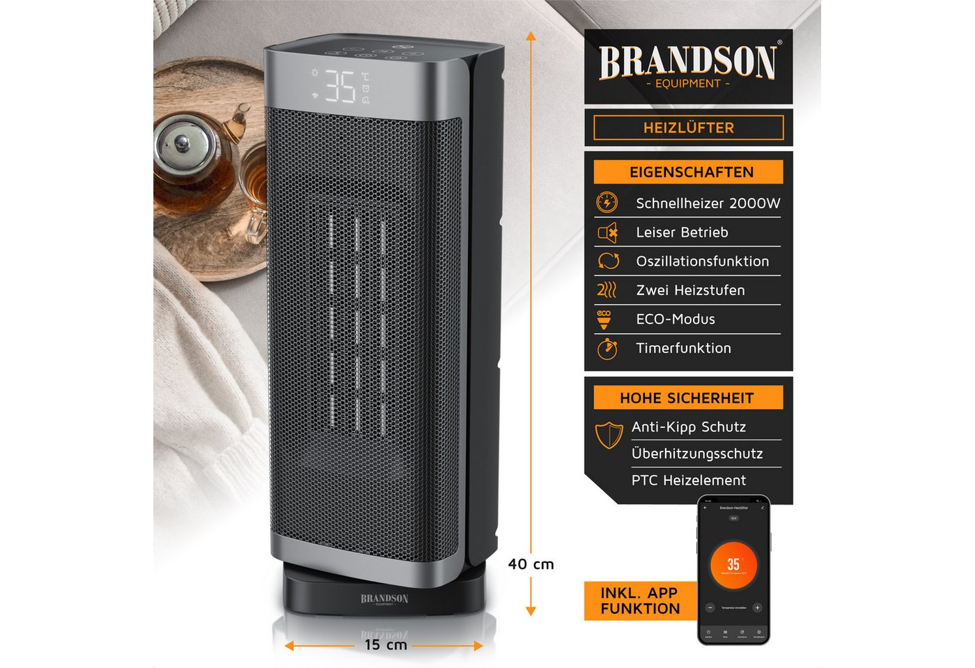 Brandson Heizlüfter mit Wlan, Keramik Heizgerät kompakt, Timer, Oszillation, Fernbedienung, 1500 W, energiesparend, ECO-Modus, Thermostat, 10-35°C, LED-Display – Bild 2 von 5