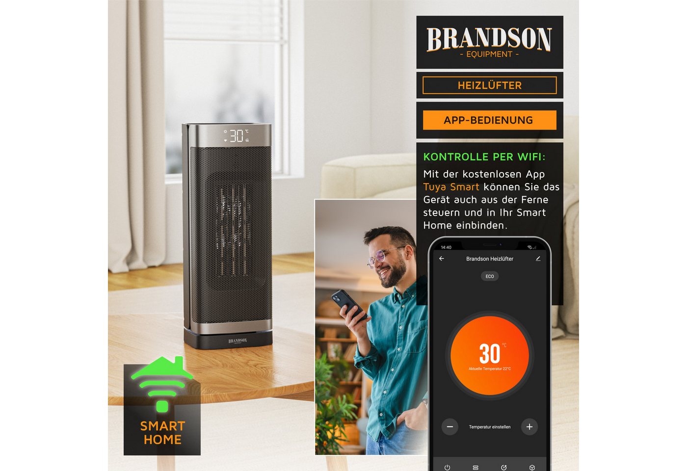 Brandson Heizlüfter mit Wlan, Keramik Heizgerät kompakt, Timer, Oszillation, Fernbedienung, 1500 W, energiesparend, ECO-Modus, Thermostat, 10-35°C, LED-Display – Bild 4 von 5