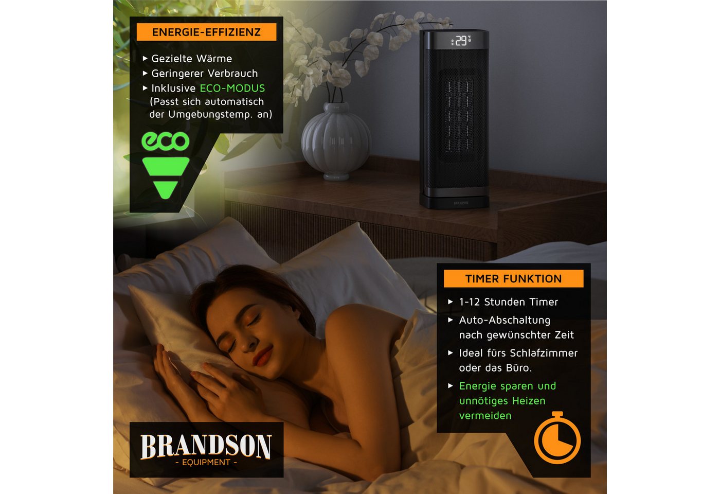 Brandson Heizlüfter mit Wlan, Keramik Heizgerät kompakt, Timer, Oszillation, Fernbedienung, 1500 W, energiesparend, ECO-Modus, Thermostat, 10-35°C, LED-Display – Bild 5 von 5