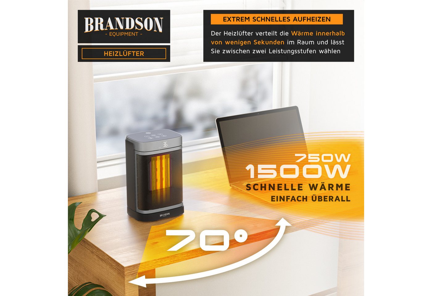 Brandson Heizlüfter mit Wlan, Keramik Heizgerät kompakt, Oszillation, Timer, Fernbedienung, 1500 W, energiesparend, ECO-Modus, Thermostat, 10-35°C, LED-Display – Bild 3 von 5