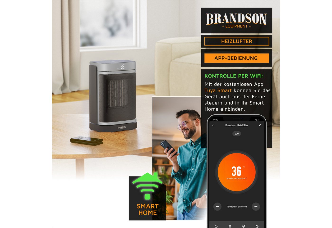 Brandson Heizlüfter mit Wlan, Keramik Heizgerät kompakt, Oszillation, Timer, Fernbedienung, 1500 W, energiesparend, ECO-Modus, Thermostat, 10-35°C, LED-Display – Bild 4 von 5