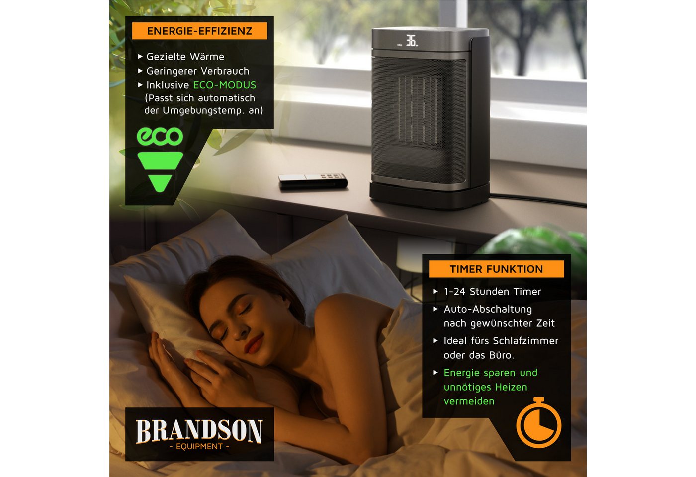Brandson Heizlüfter mit Wlan, Keramik Heizgerät kompakt, Oszillation, Timer, Fernbedienung, 1500 W, energiesparend, ECO-Modus, Thermostat, 10-35°C, LED-Display – Bild 5 von 5