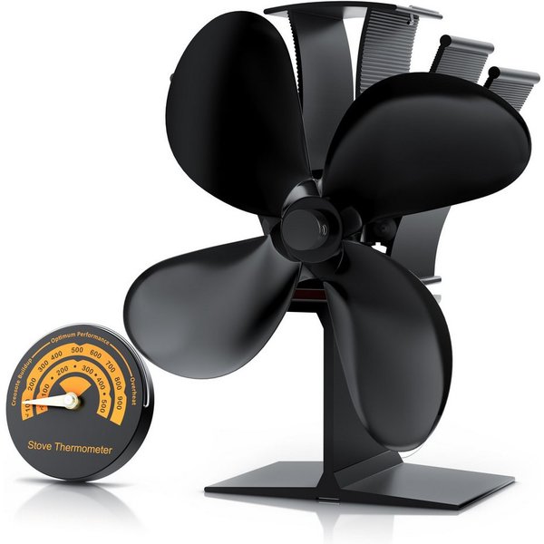 Brandson Kaminventilator Ofenventilator inkl. Thermometer für Kamin, Kaminöfen, Holzöfen, Öfen, Ventilator, 4 Flügel Rotorblätter mit 180 mm Ø, ohne Strom, sehr