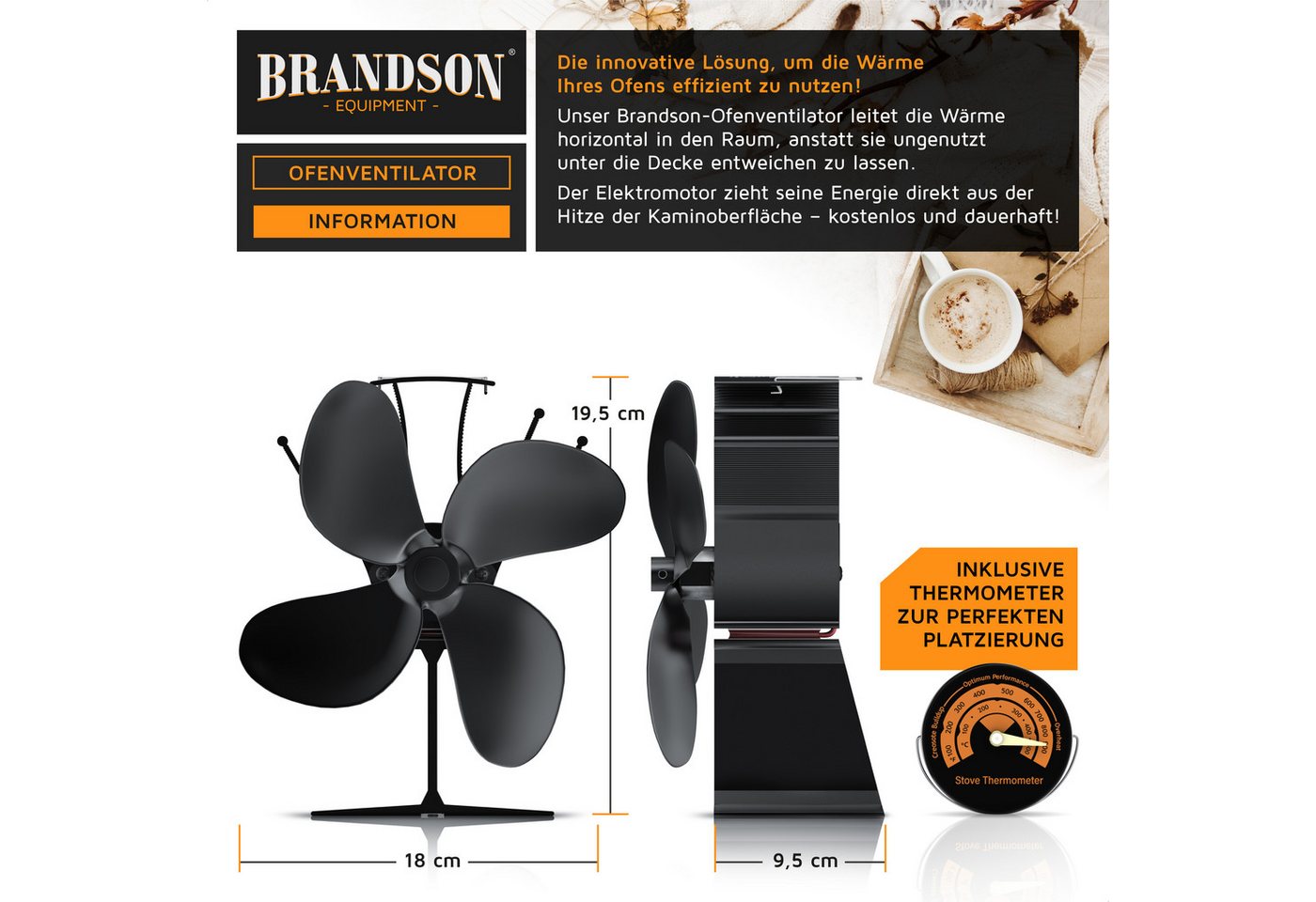 Brandson Kaminventilator Ofenventilator inkl. Thermometer für Kamin, Kaminöfen, Holzöfen, Öfen, Ventilator, 4 Flügel Rotorblätter mit 180 mm Ø, ohne Strom, sehr – Bild 2 von 5