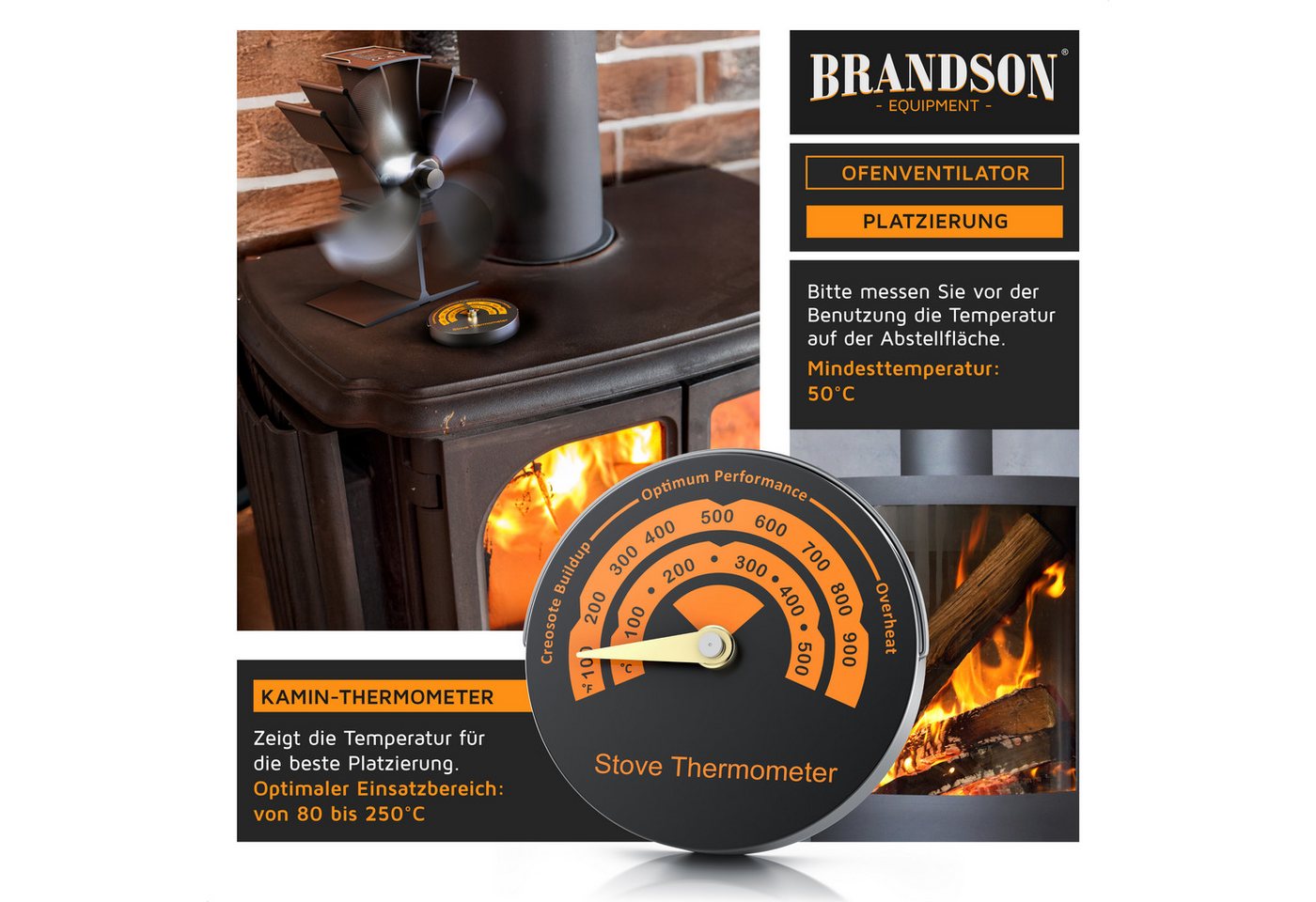 Brandson Kaminventilator Ofenventilator inkl. Thermometer für Kamin, Kaminöfen, Holzöfen, Öfen, Ventilator, 4 Flügel Rotorblätter mit 180 mm Ø, ohne Strom, sehr – Bild 3 von 5