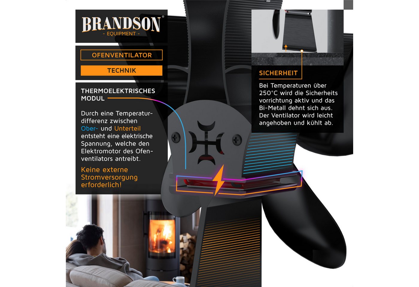 Brandson Kaminventilator Ofenventilator inkl. Thermometer für Kamin, Kaminöfen, Holzöfen, Öfen, Ventilator, 4 Flügel Rotorblätter mit 180 mm Ø, ohne Strom, sehr – Bild 4 von 5