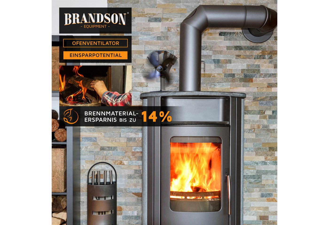 Brandson Kaminventilator Ofenventilator inkl. Thermometer für Kamin, Kaminöfen, Holzöfen, Öfen, Ventilator, 4 Flügel Rotorblätter mit 180 mm Ø, ohne Strom, sehr – Bild 5 von 5