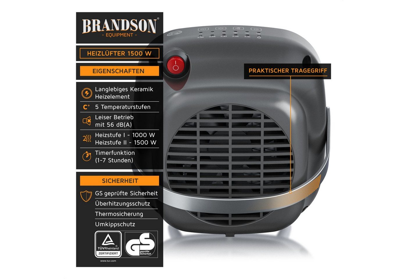 Brandson Keramikheizlüfter Badezimmer Schnellheizer mit Temperaturregelung, energiesparend, leise, 1500 W, kompakt, Heizstrahler, Elektroheizung, Überhitzungssc – Bild 3 von 5