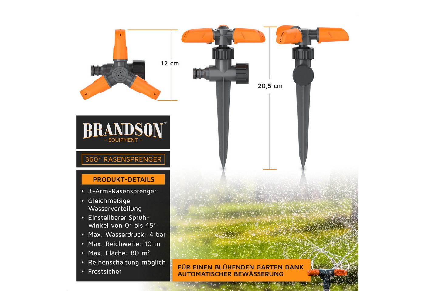 Brandson Kreisregner Garten Sprinkler, 360° Rasensprenger, 3 Arm Rasensnsprikler rotierend, für Flächen bis 80 m², 21 cm lang, (Spar-Set, 2-St., 2er Set), 15 St – Bild 2 von 5