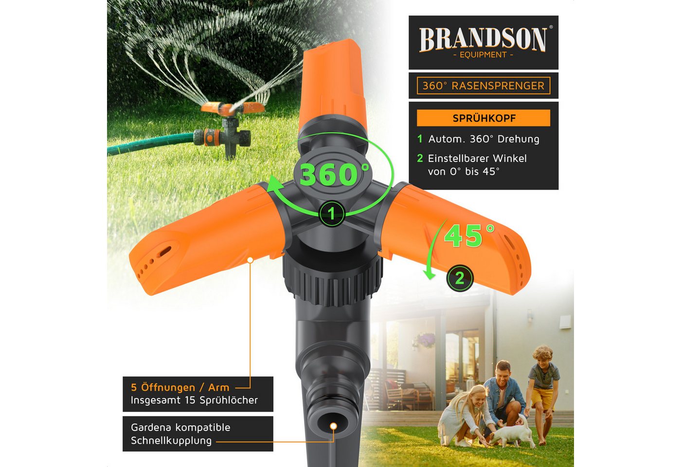 Brandson Kreisregner Garten Sprinkler, 360° Rasensprenger, 3 Arm Rasensnsprikler rotierend, für Flächen bis 80 m², 21 cm lang, (Spar-Set, 2-St., 2er Set), 15 St – Bild 3 von 5