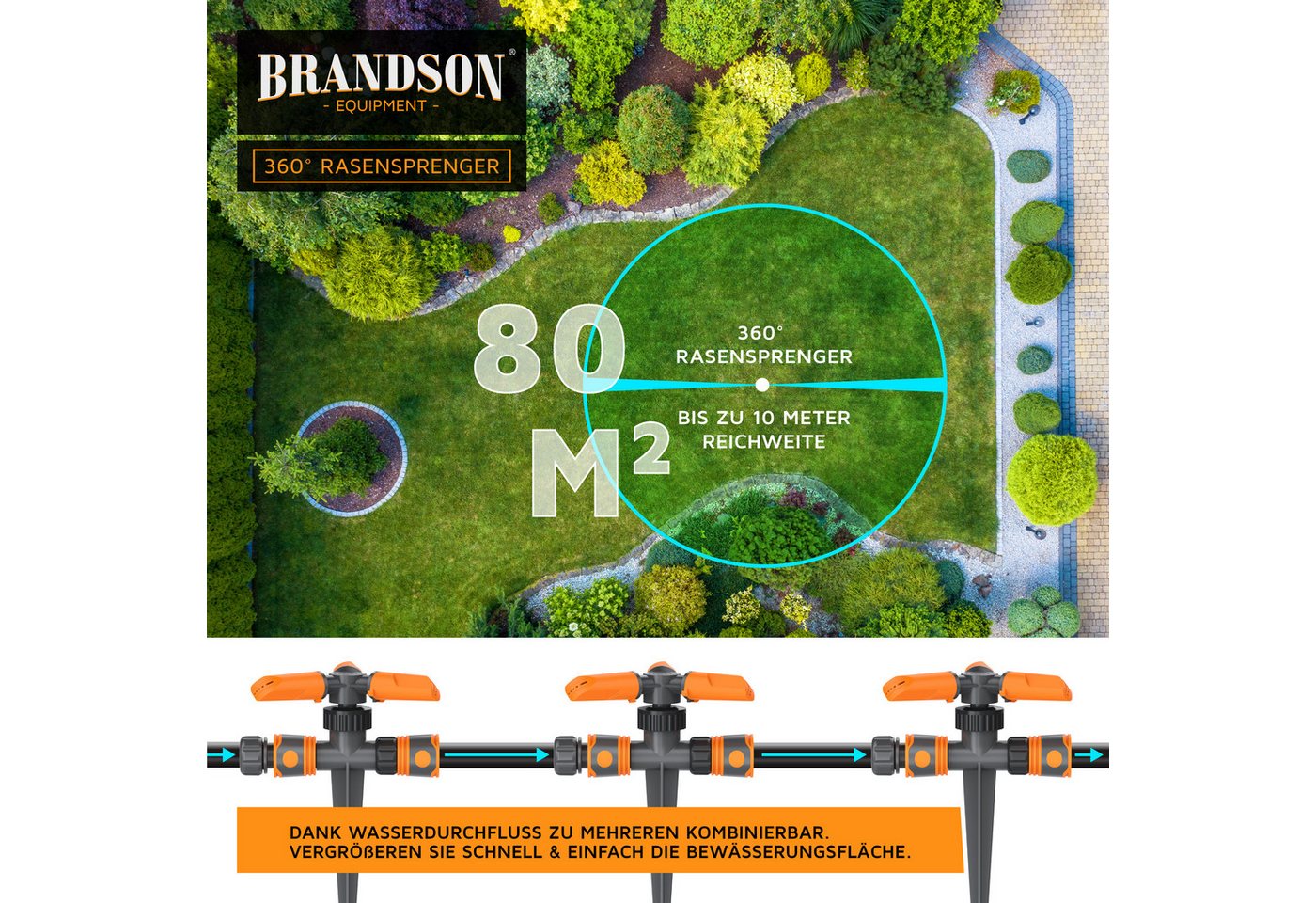 Brandson Kreisregner Garten Sprinkler, 360° Rasensprenger, 3 Arm Rasensnsprikler rotierend, für Flächen bis 80 m², 21 cm lang, (Spar-Set, 2-St., 2er Set), 15 St – Bild 5 von 5