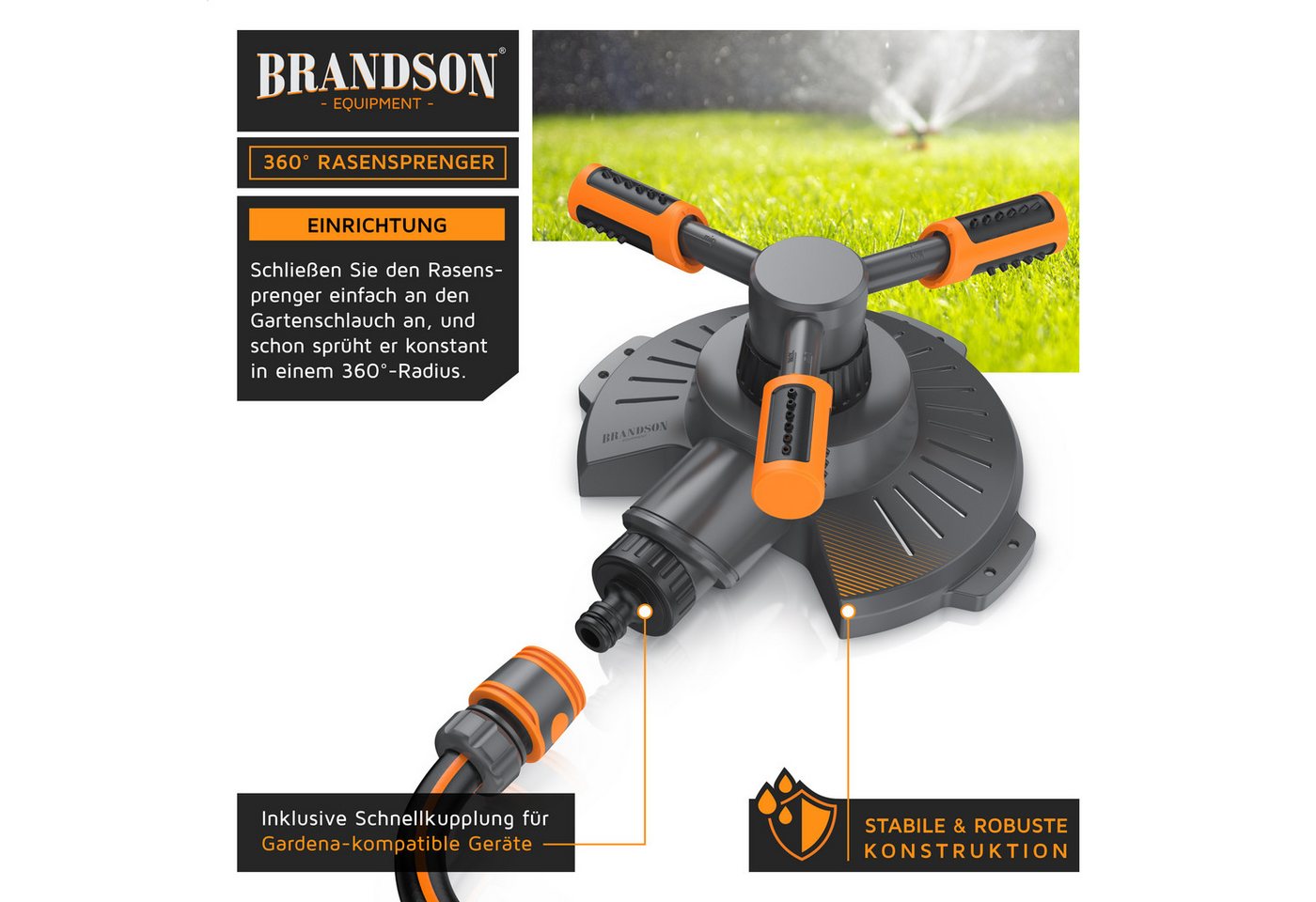 Brandson Kreisregner Garten Sprinkler, 360° Rasensprenger, 3 Arm Rasensnsprikler rotierend, für Flächen bis 110 m², (1-St), Wassersprinkler, Bewässerungssystem, – Bild 3 von 5