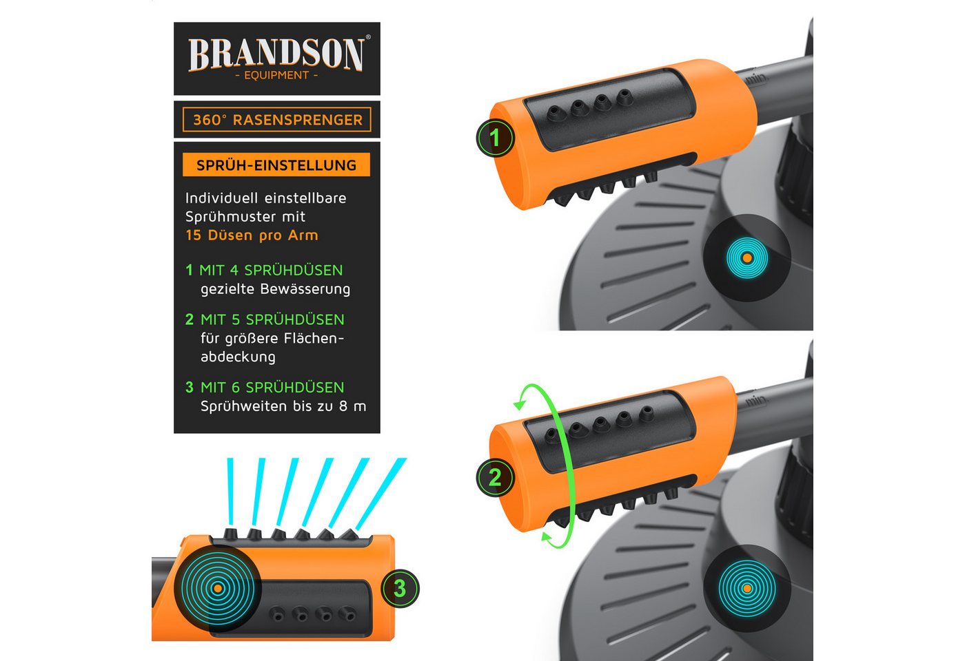 Brandson Kreisregner Garten Sprinkler, 360° Rasensprenger, 3 Arm Rasensnsprikler rotierend, für Flächen bis 110 m², (1-St), Wassersprinkler, Bewässerungssystem, – Bild 4 von 5