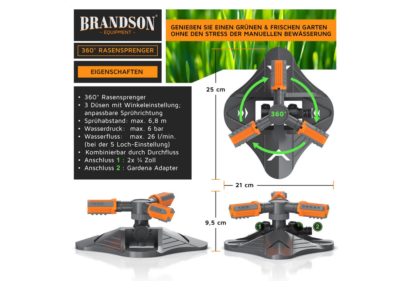 Brandson Kreisregner Garten Sprinkler, 360° Rasensprenger, 3 Arm Rasensnsprikler rotierend, 21 cm lang, (1-St), Sprenger Bewässerungssystem, Bewässerungsanlagen – Bild 2 von 5