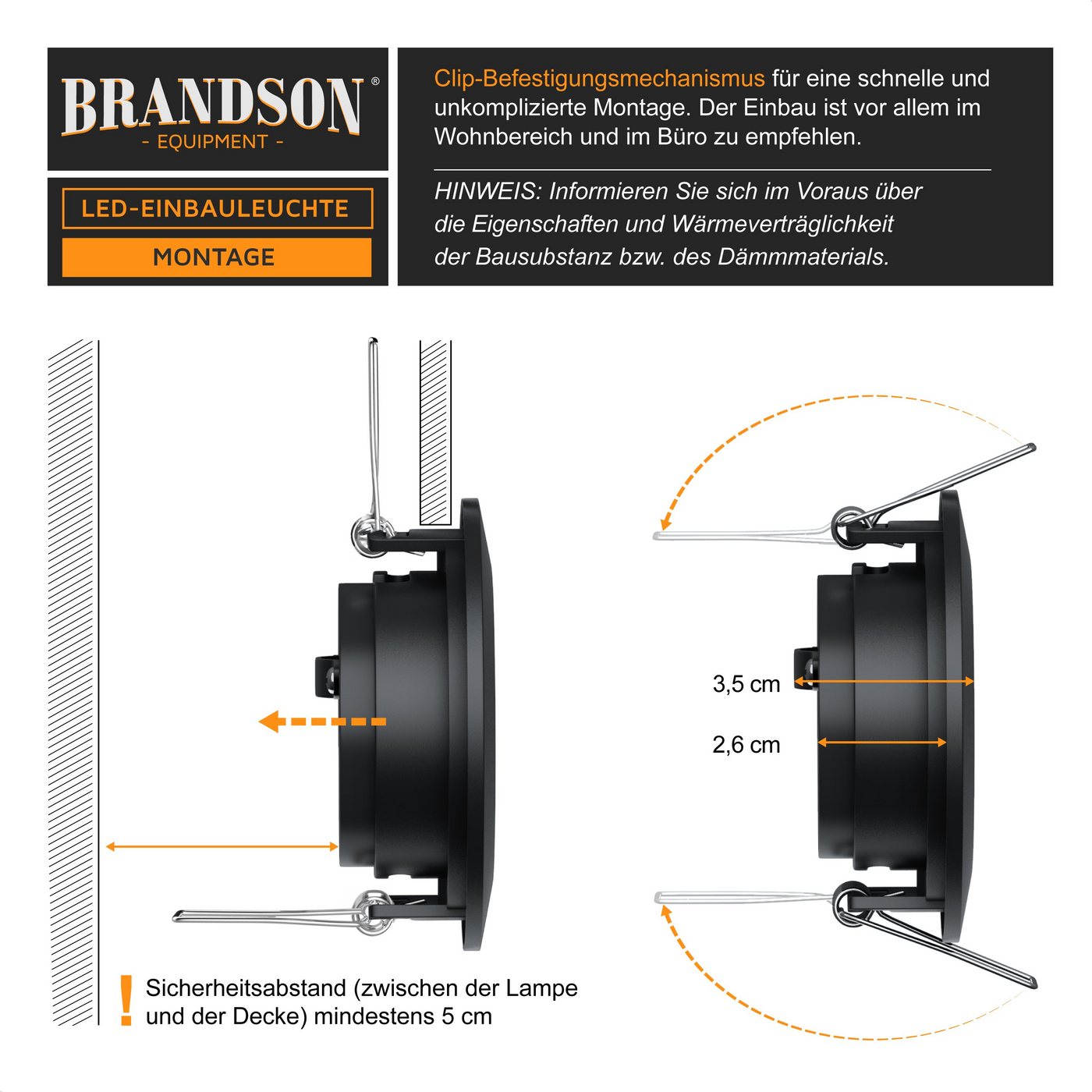 Brandson LED Einbaustrahler dimmbar & schwenkbar, Deckenspots, Aluminium Rahmen, schwarz, Dimmfunktion, Schwenkmechanismus (40° vertikal), LED fest verbaut, war – Bild 5 von 5