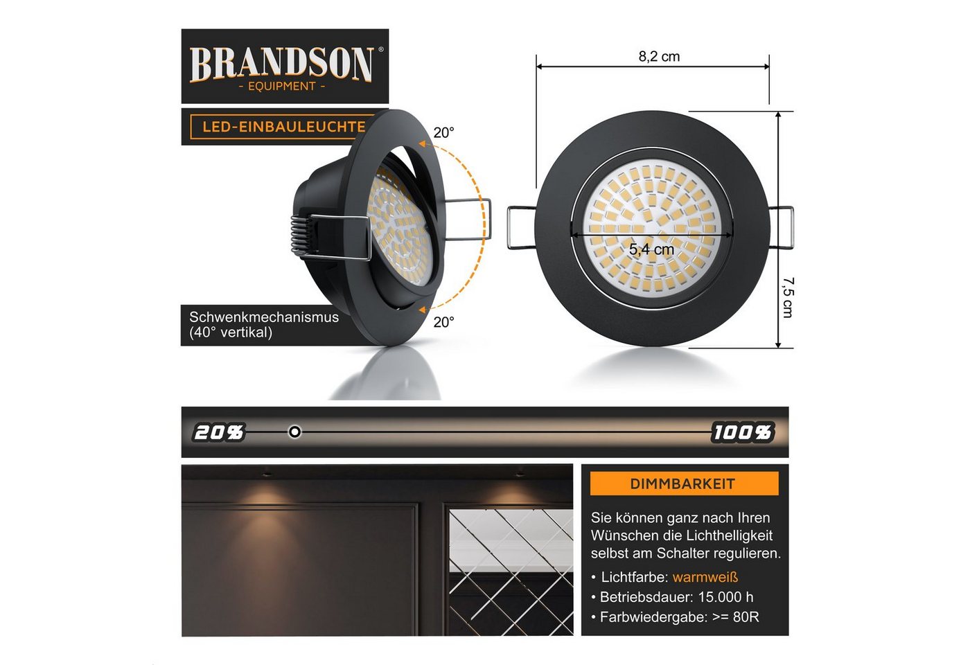 Brandson LED Einbaustrahler dimmbar & schwenkbar, Deckenspots, Aluminium Rahmen, schwarz, Dimmfunktion, Schwenkmechanismus (40° vertikal), LED fest integriert,  – Bild 2 von 5