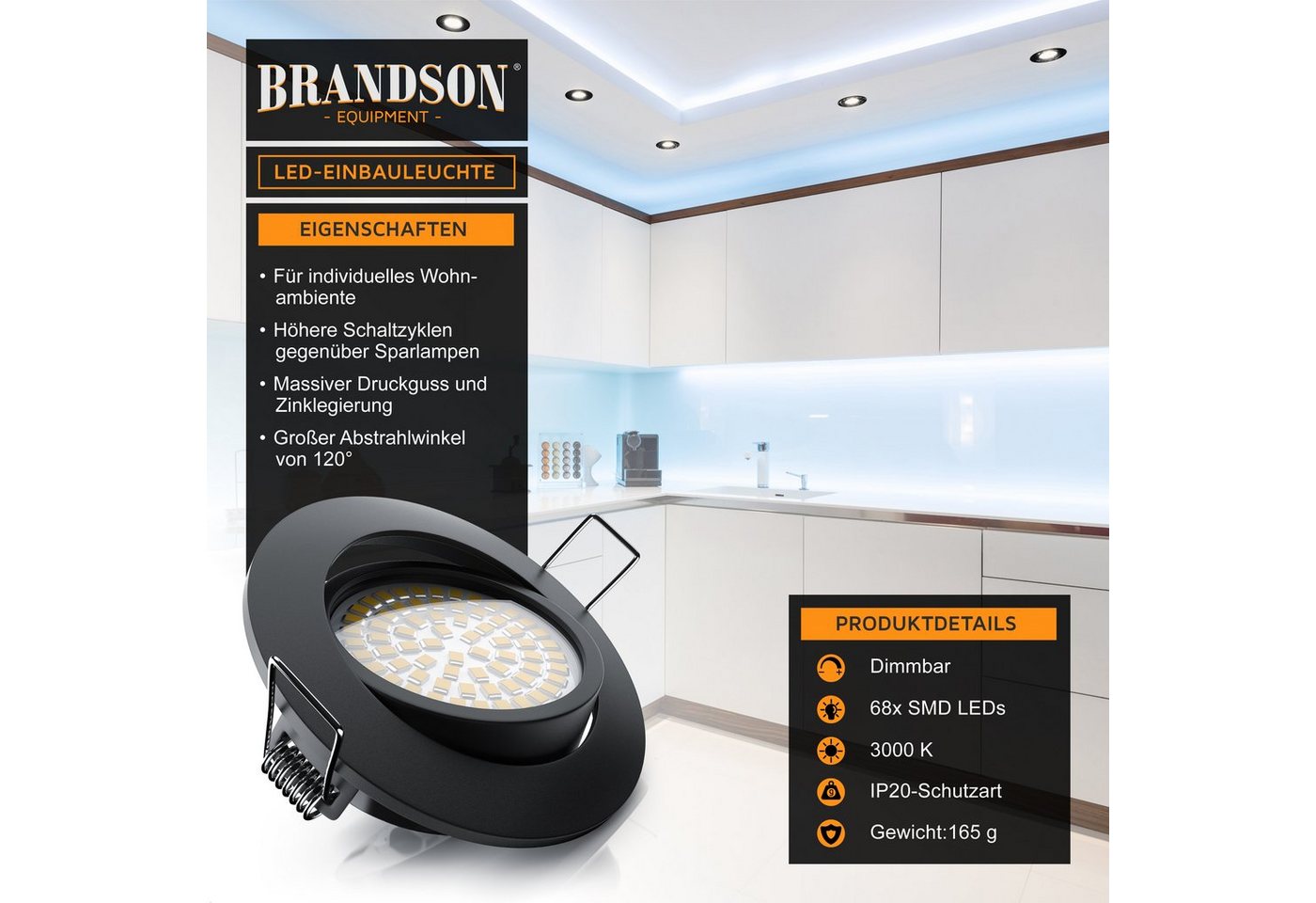 Brandson LED Einbaustrahler dimmbar & schwenkbar, Deckenspots, Aluminium Rahmen, schwarz, Dimmfunktion, Schwenkmechanismus (40° vertikal), LED fest integriert,  – Bild 3 von 5
