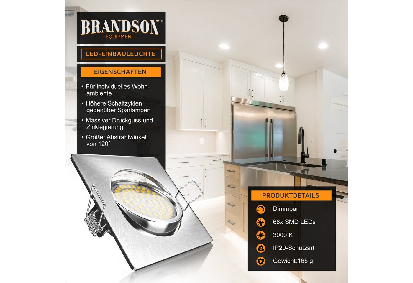 Brandson LED Einbaustrahler schwenkbarer Deckenspot, Edelstahl Optik, 320 Lumen, Warmweiß, 6er Set, Schwenkmechanismus (40° vertikal), LED fest verbaut, warmwei – Bild 2 von 5