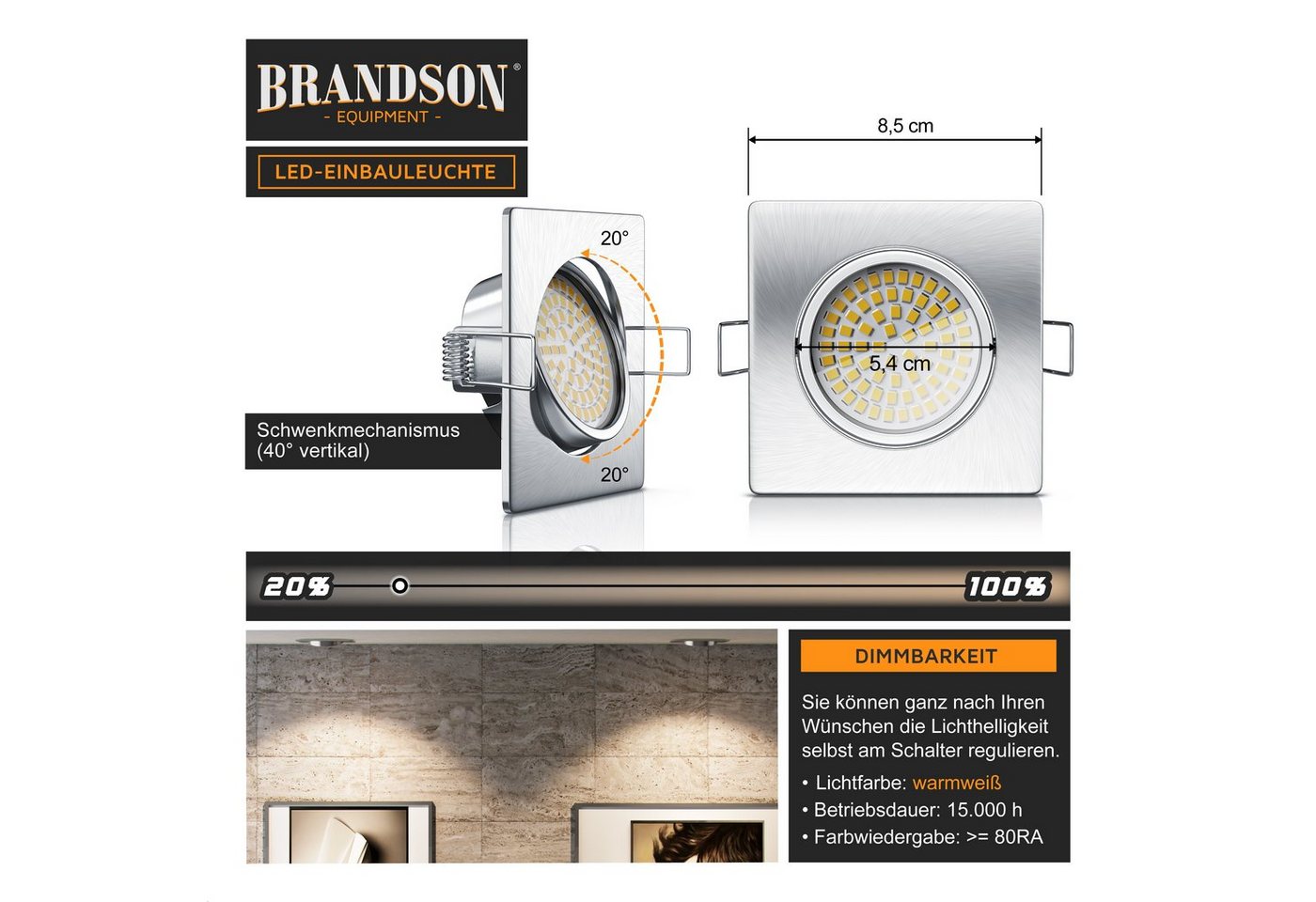 Brandson LED Einbaustrahler schwenkbarer Deckenspot, Edelstahl Optik, 320 Lumen, Warmweiß, 6er Set, Schwenkmechanismus (40° vertikal), LED fest verbaut, warmwei – Bild 3 von 5