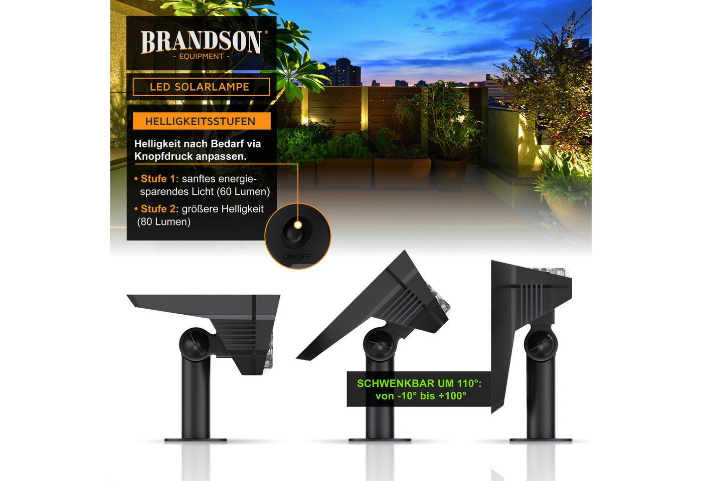 Brandson LED Gartenstrahler Solar Erdspießleuchte, Akku Gartenleuchte, Solarspotlight Wandmontage, Ein-/Ausschalter, mehrere Helligkeitsstufen, LED fest verbaut – Bild 3 von 5