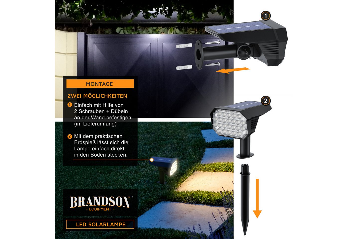 Brandson LED Gartenstrahler Solar Erdspießleuchte, Akku Gartenleuchte, Solarspotlight Wandmontage, Ein-/Ausschalter, mehrere Helligkeitsstufen, LED fest verbaut – Bild 5 von 5
