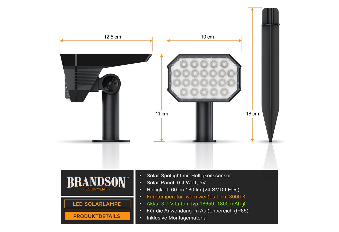 Brandson LED Gartenstrahler Solar Erdspießleuchte, Akku Gartenleuchte, Solarspotlight Wandmontage, Ein-/Ausschalter, mehrere Helligkeitsstufen, LED fest verbaut – Bild 2 von 5