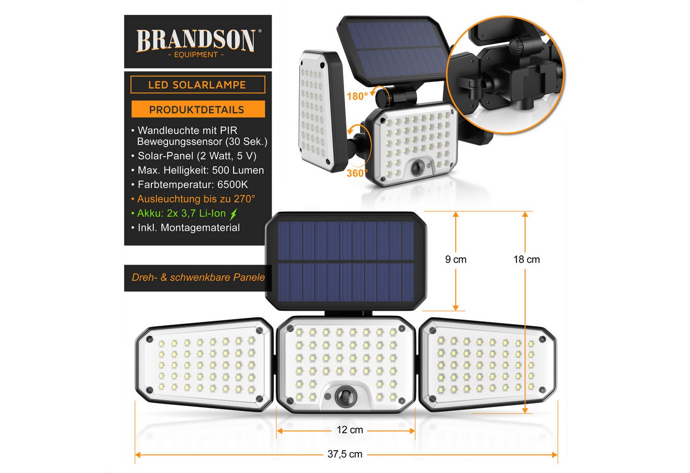 Brandson LED Solarleuchte Solar Sicherheits-/Außenlampe, 120 LEDs, PIR-Sensor, 500 Lumen, 6500K, Ein-/Ausschalter, LED fest verbaut, Kaltweiß, 2400 mAh Akku, 27 – Bild 2 von 5