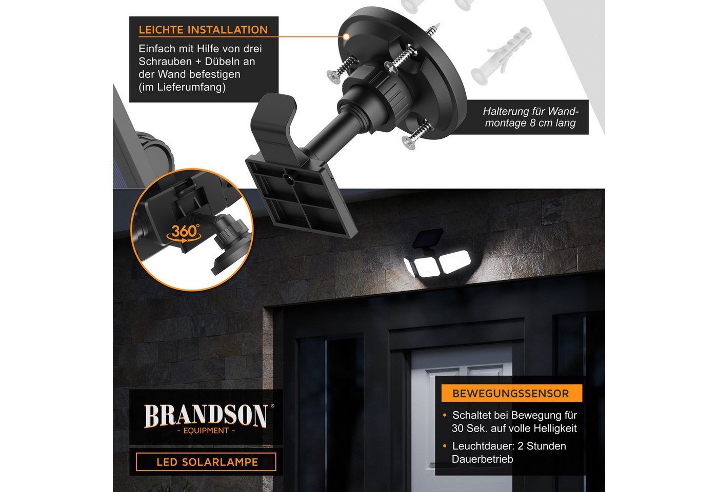 Brandson LED Solarleuchte Solar Sicherheits-/Außenlampe, 120 LEDs, PIR-Sensor, 500 Lumen, 6500K, Ein-/Ausschalter, LED fest verbaut, Kaltweiß, 2400 mAh Akku, 27 – Bild 4 von 5