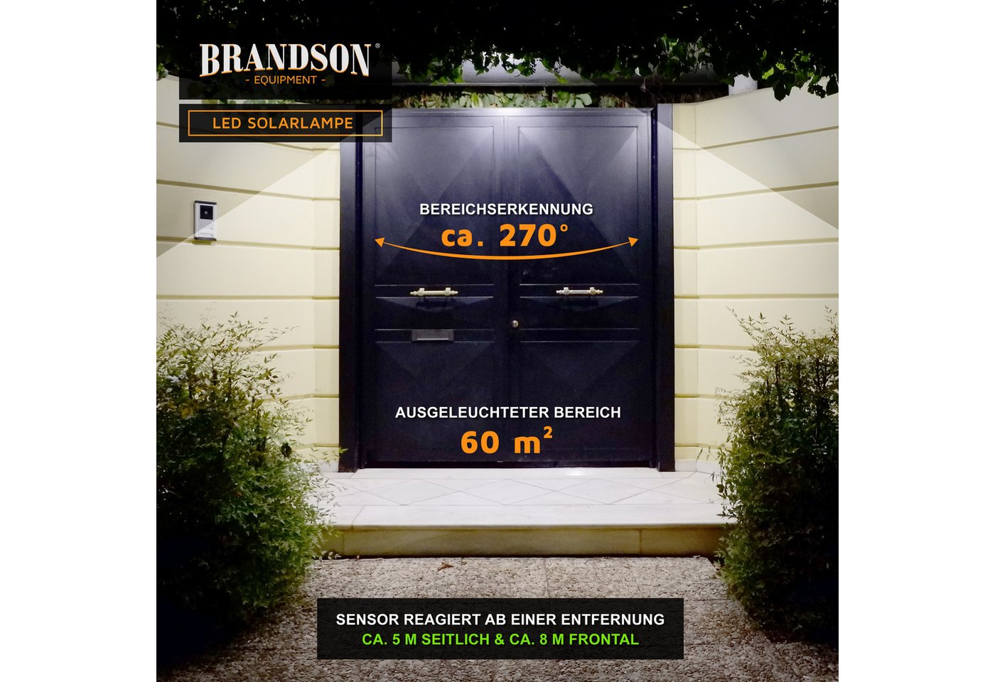 Brandson LED Solarleuchte Solar Sicherheits-/Außenlampe, 120 LEDs, PIR-Sensor, 500 Lumen, 6500K, Ein-/Ausschalter, LED fest verbaut, Kaltweiß, 2400 mAh Akku, 27 – Bild 5 von 5
