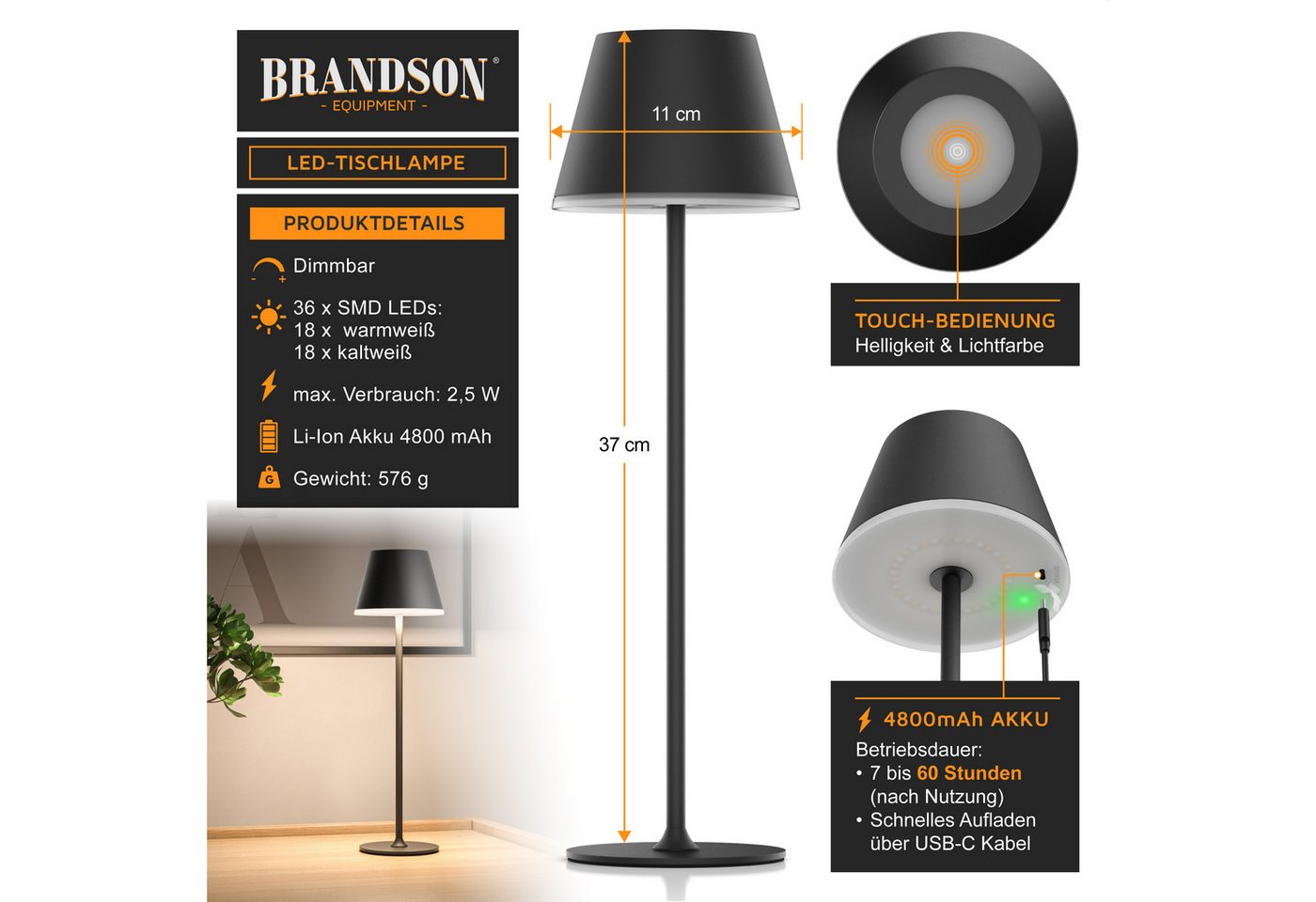 Brandson LED Tischleuchte mit Akku, Kabellos, mit Touch, Helligkeit stufenlos dimmbar, aus Metal, Dimmfunktion, Ein-/Ausschalter, Farbwechsel, mehrere Helligkei – Bild 2 von 5