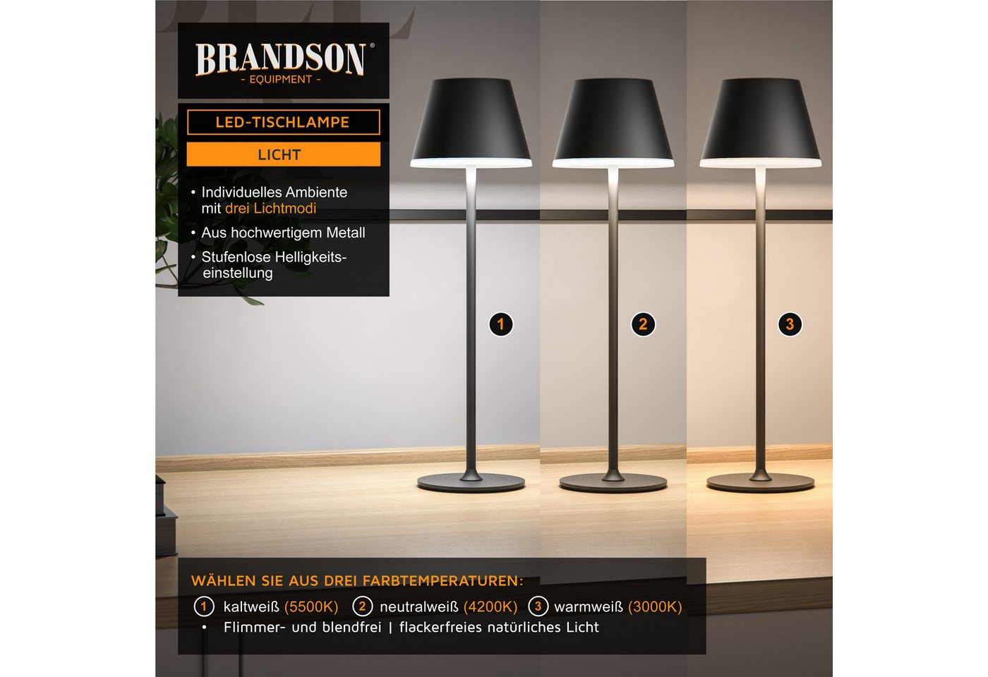 Brandson LED Tischleuchte mit Akku, Kabellos, mit Touch, Helligkeit stufenlos dimmbar, aus Metal, Dimmfunktion, Ein-/Ausschalter, Farbwechsel, mehrere Helligkei – Bild 4 von 5