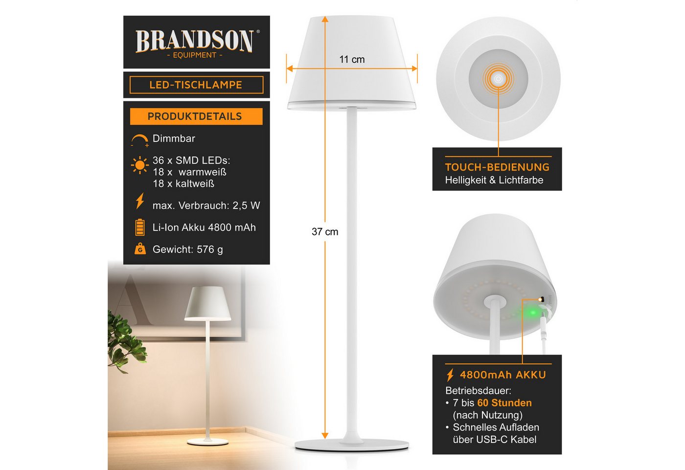 Brandson LED Tischleuchte mit Akku, Kabellos, mit Touch, Helligkeit stufenlos dimmbar, aus Metal, Dimmfunktion, Ein-/Ausschalter, Farbwechsel, mehrere Helligkei – Bild 2 von 5