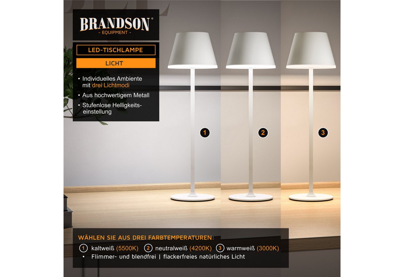 Brandson LED Tischleuchte mit Akku, Kabellos, mit Touch, Helligkeit stufenlos dimmbar, aus Metal, Dimmfunktion, Ein-/Ausschalter, Farbwechsel, mehrere Helligkei – Bild 3 von 5