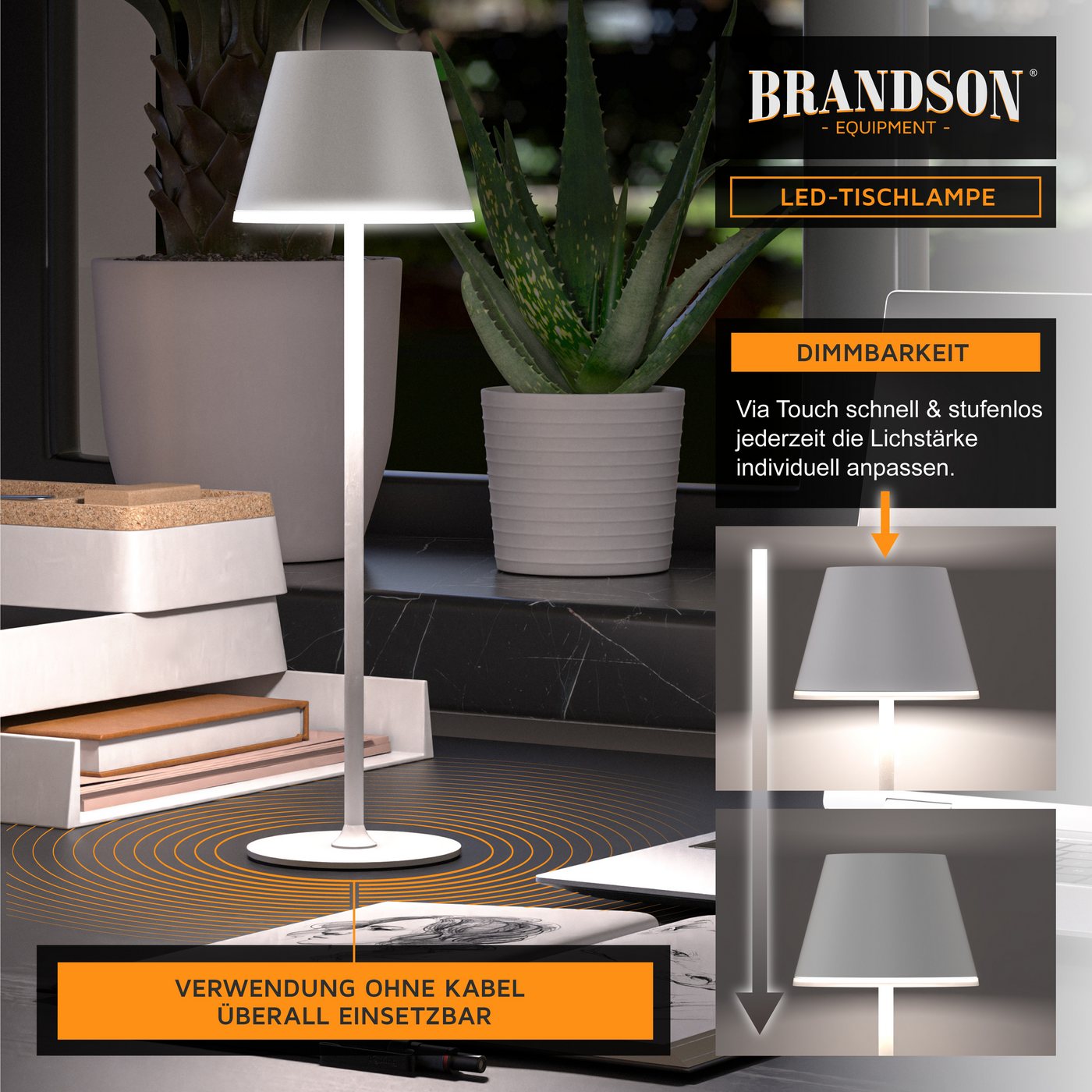 Brandson LED Tischleuchte mit Akku, Kabellos, mit Touch, Helligkeit stufenlos dimmbar, aus Metal, Dimmfunktion, Ein-/Ausschalter, Farbwechsel, mehrere Helligkei – Bild 4 von 5