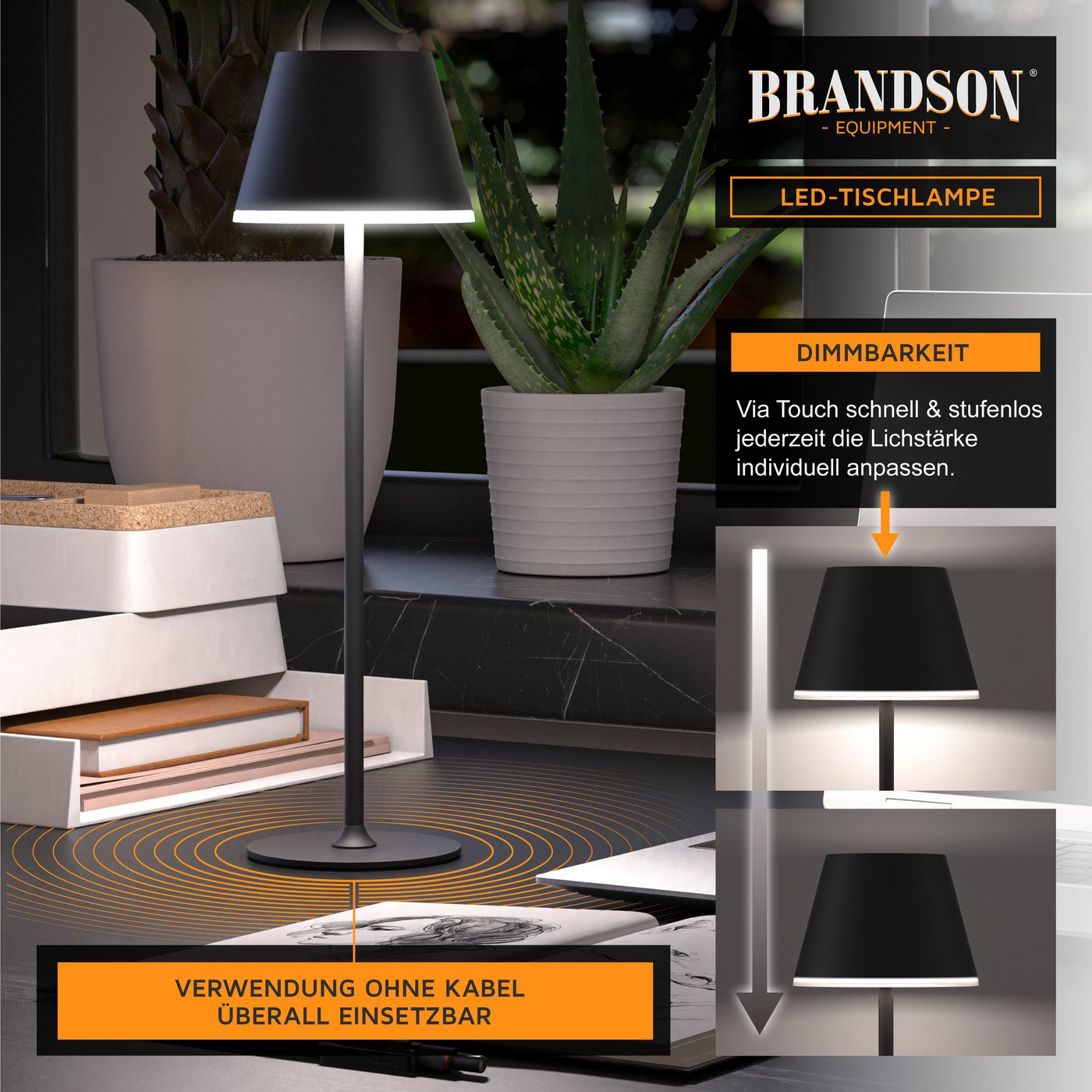 Brandson LED Tischleuchte mit Akku, Kabellos, mit Touch, Helligkeit stufenlos dimmbar, aus Metal, Dimmfunktion, Ein-/Ausschalter, Farbwechsel, mehrere Helligkei – Bild 3 von 5