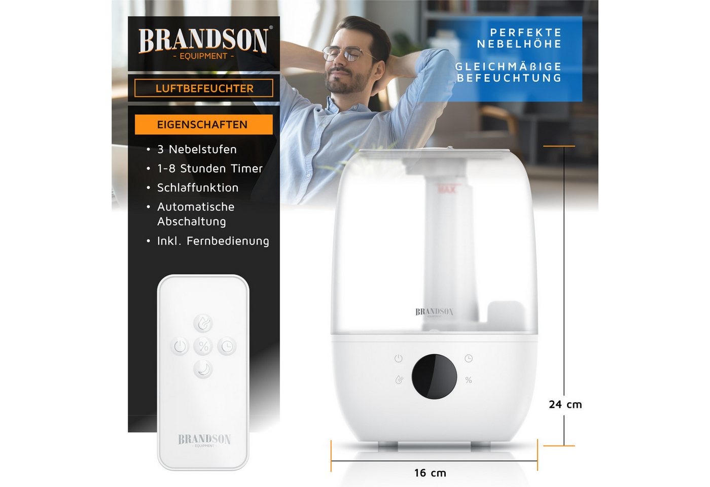 Brandson Luftbefeuchter Digitales Display, 2 L Wassertank, Fernbedienung, fürs Schlafzimmer, 2 l Wassertank, Fernbedienung, 3 Nebelstufen, Timer 1–8 h, leise 35 – Bild 2 von 5