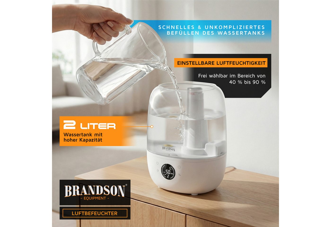 Brandson Luftbefeuchter Digitales Display, 2 L Wassertank, Fernbedienung, fürs Schlafzimmer, 2 l Wassertank, Fernbedienung, 3 Nebelstufen, Timer 1–8 h, leise 35 – Bild 3 von 5