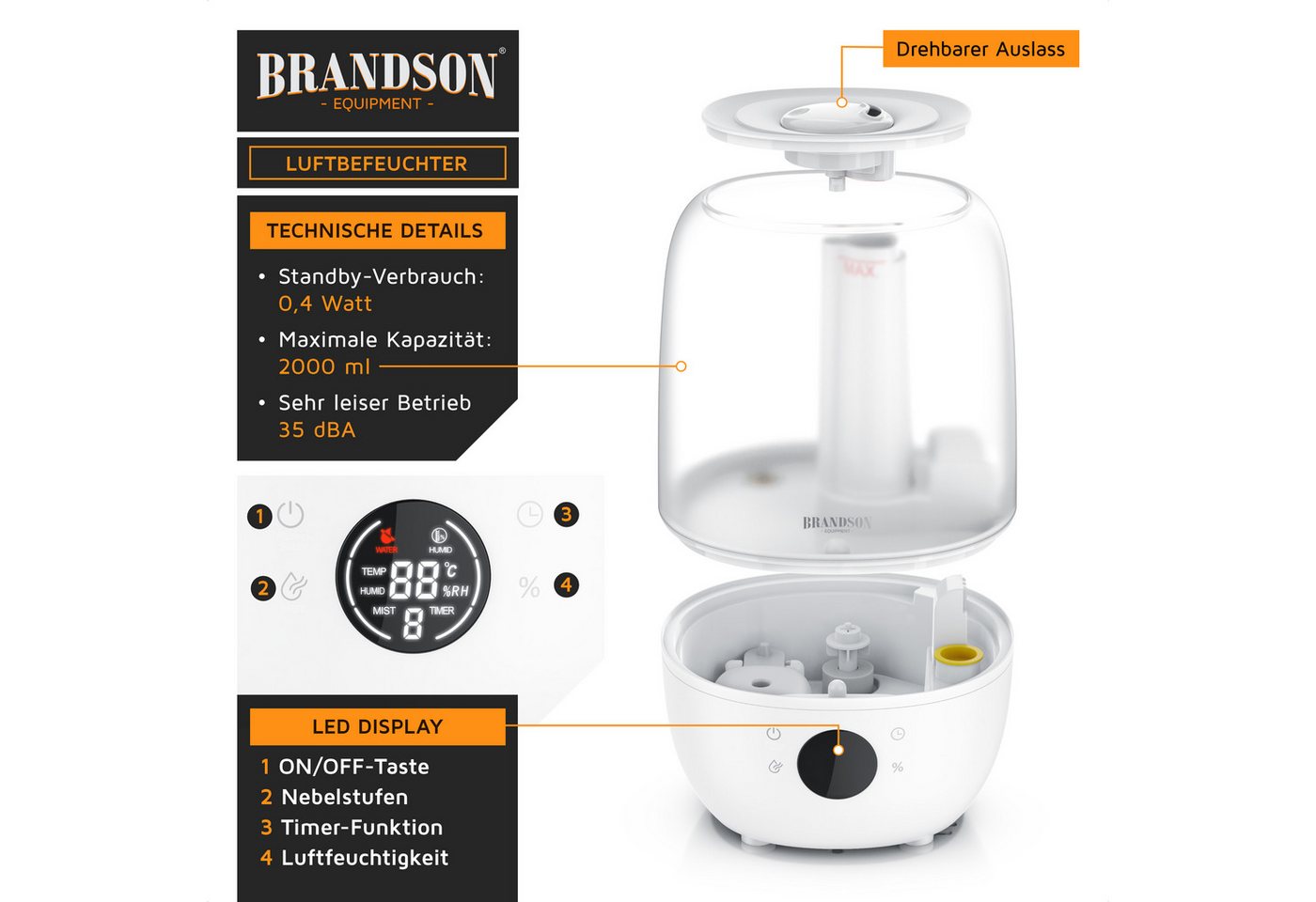 Brandson Luftbefeuchter Digitales Display, 2 L Wassertank, Fernbedienung, fürs Schlafzimmer, 2 l Wassertank, Fernbedienung, 3 Nebelstufen, Timer 1–8 h, leise 35 – Bild 4 von 5