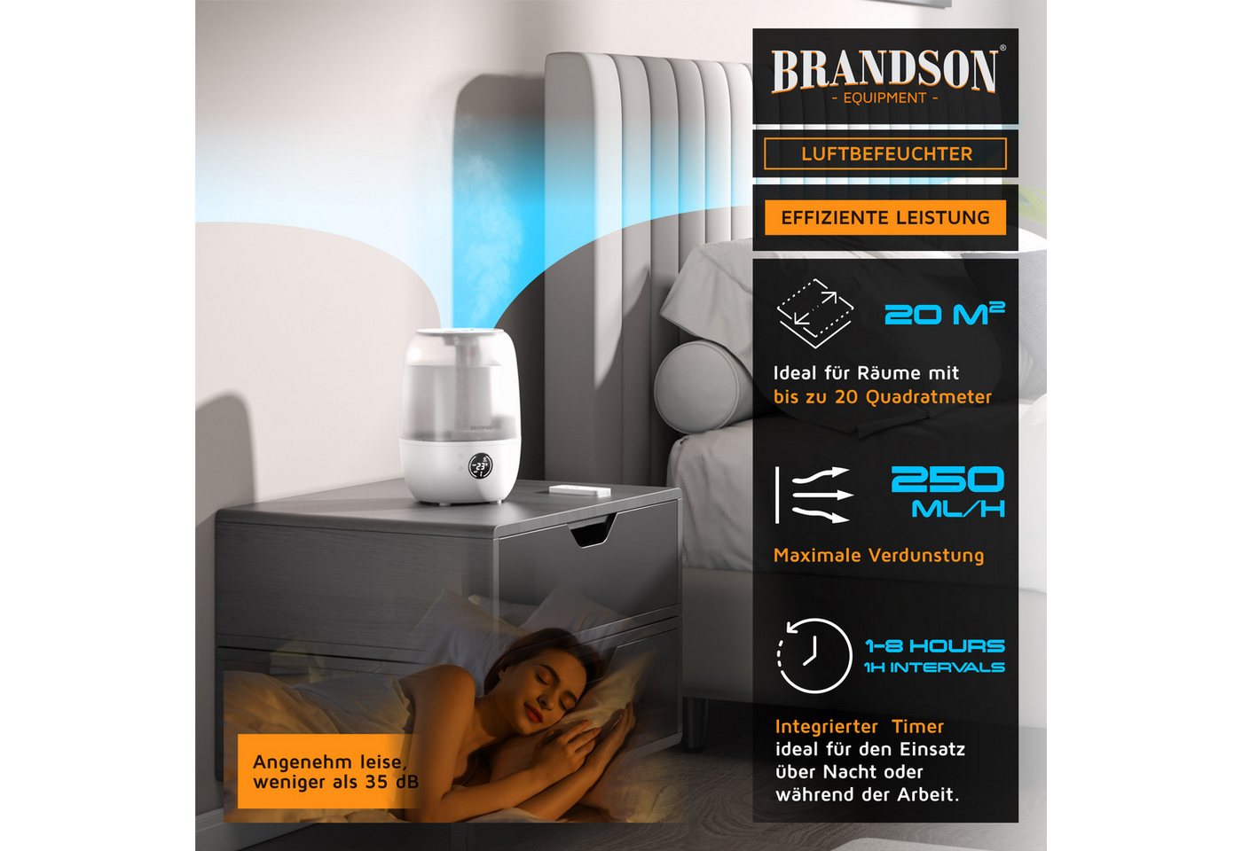 Brandson Luftbefeuchter Digitales Display, 2 L Wassertank, Fernbedienung, fürs Schlafzimmer, 2 l Wassertank, Fernbedienung, 3 Nebelstufen, Timer 1–8 h, leise 35 – Bild 5 von 5