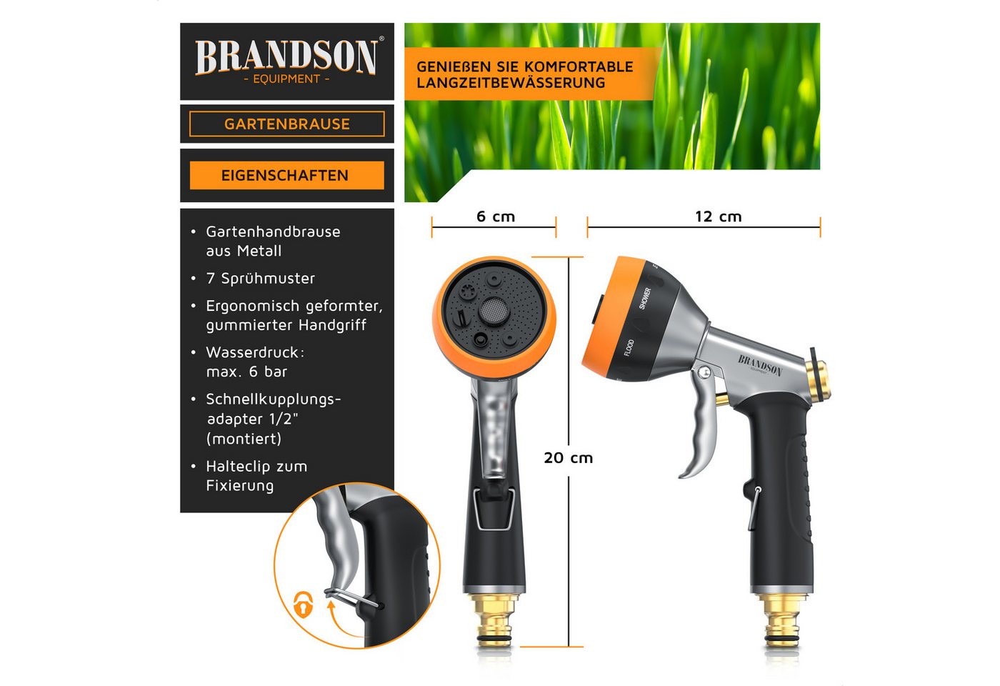 Brandson Multifunktionsbrause Garten Handbrause Metall, Gartenbrause, 7 Sprühmuster, Gartenpistole, (1-St), gummierter Griff, Wasserdurchfluss regelbar, Schnell – Bild 2 von 5