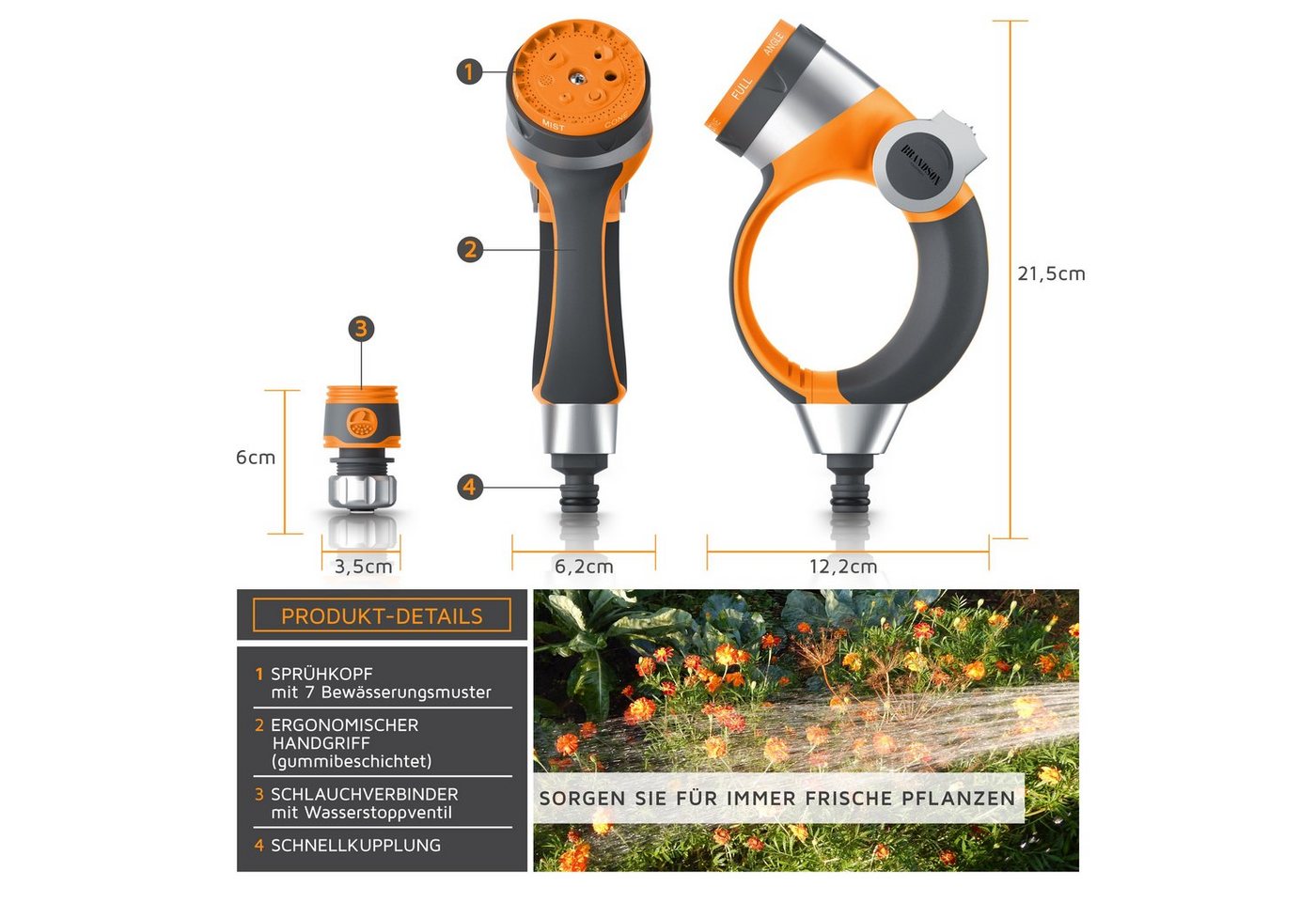 Brandson Multifunktionsbrause Gartenbrause 7 Sprühprofile, Garten Handbrause für Gartenschlauch, (1-St), Gartenpistole 1-8 bar, Pistolengriff mit Halteclip, Gar – Bild 2 von 5