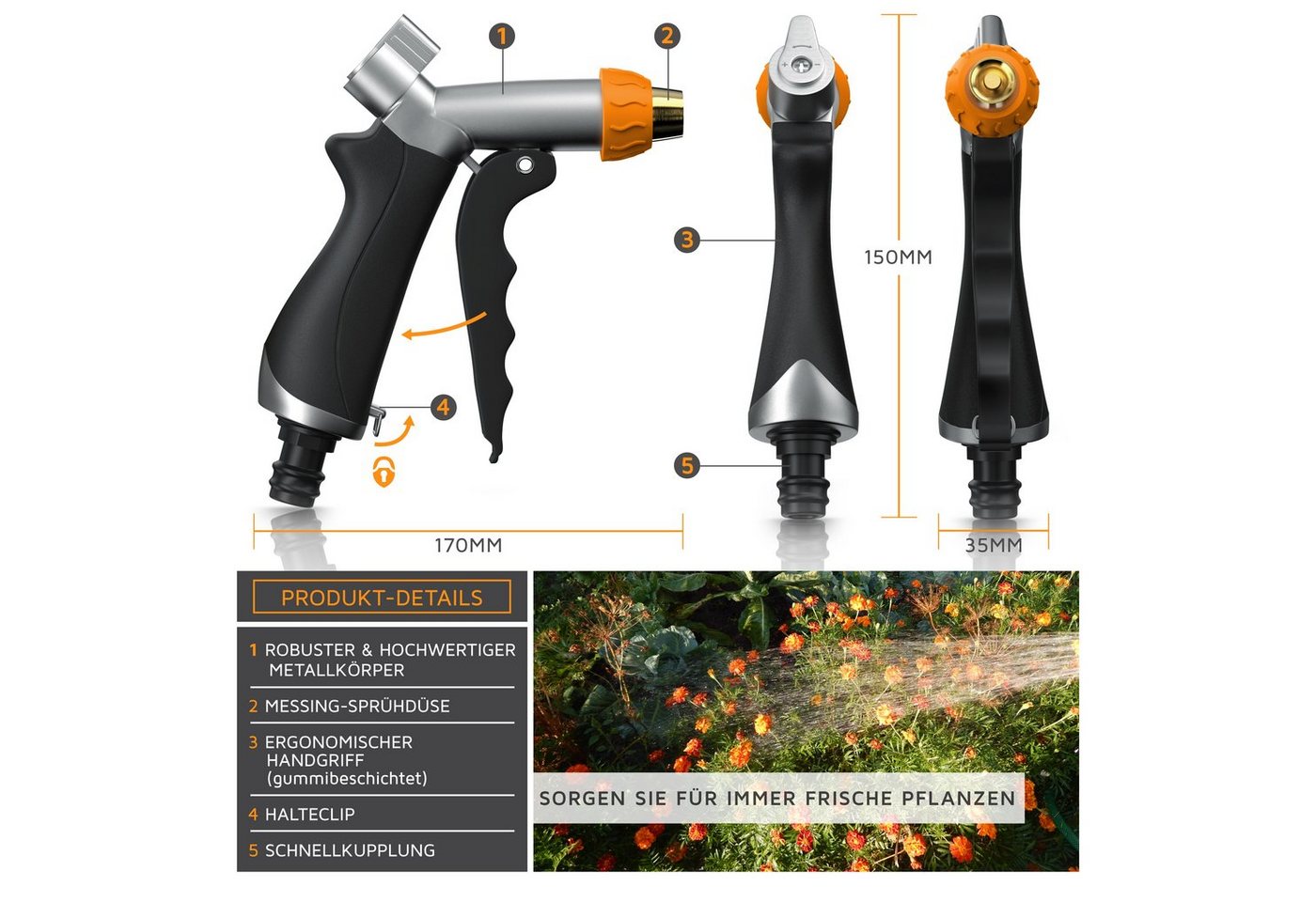Brandson Multifunktionsbrause Metall Garten Handbrause, Gartenbrause 1/2 Zoll, Pistolengriff, (1-St), mit Messing-Sprühkopf & Schnellkupplung, für Garten, Hof,  – Bild 4 von 5
