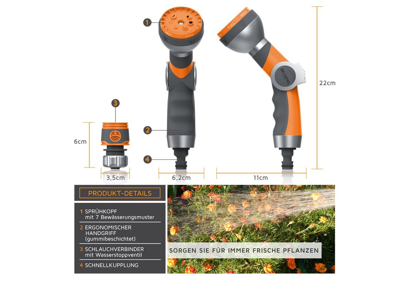 Brandson Multifunktionsbrause mit 7 Sprühprofilen, Garten Handbrause, Spritzpistole, Schnellkupplung, (1-St., inkl. Schlauchverbinder/Adapter mit Wasserstoppven – Bild 2 von 5