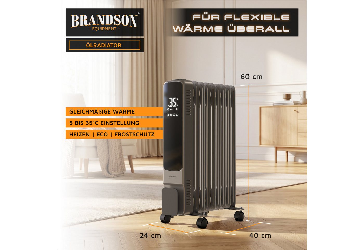 Brandson Ölradiator 9 Rippen, Thermostat 5-35 °C, 24h-Timer, Fernbedienung, Rollen, 2000 W, ECO-Modus 800 W, Frostschutz, Kippschutz, Kindersicherung – Bild 2 von 5